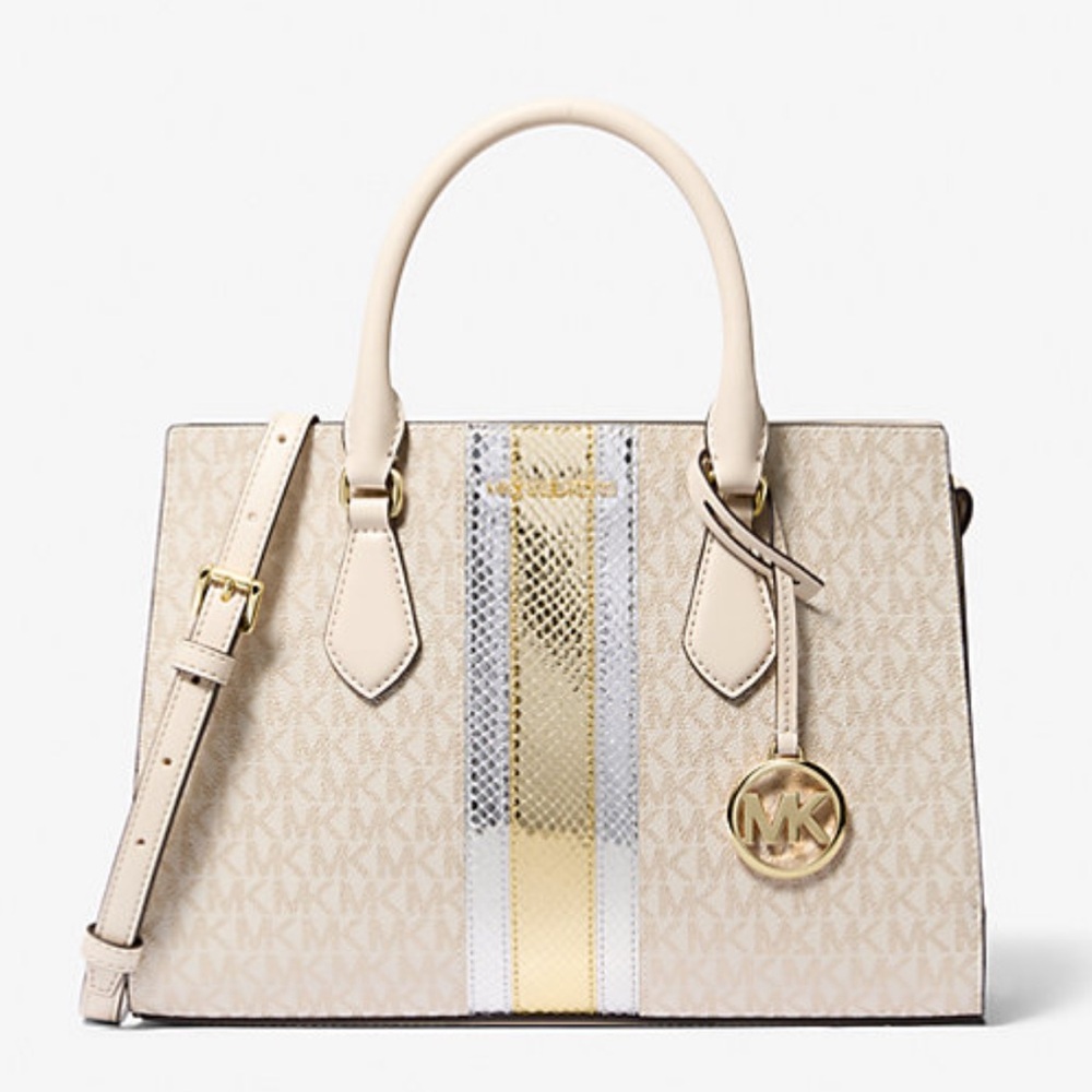 Michael Kors Sheila Medium Signature Logo and Metallic Satchel Crossbody CZ NWT